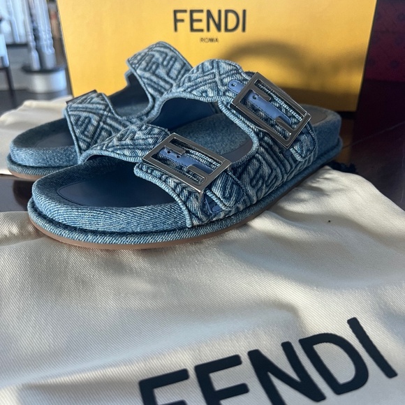 Fendi Zucca FF Logo Denim Slides - Picture 1 of 6